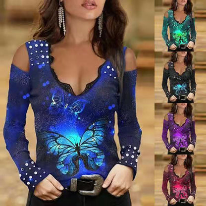 V-neck Lace Long-sleeved Butterfly Print Gradient T-shirt - Amazhona 