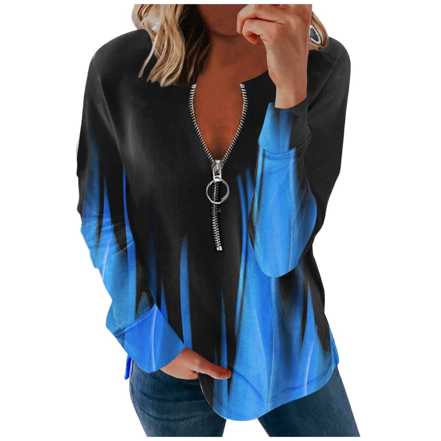 V-neck Long-sleeved Faded Flame Loose Zipper T-shirt - Amazhona 