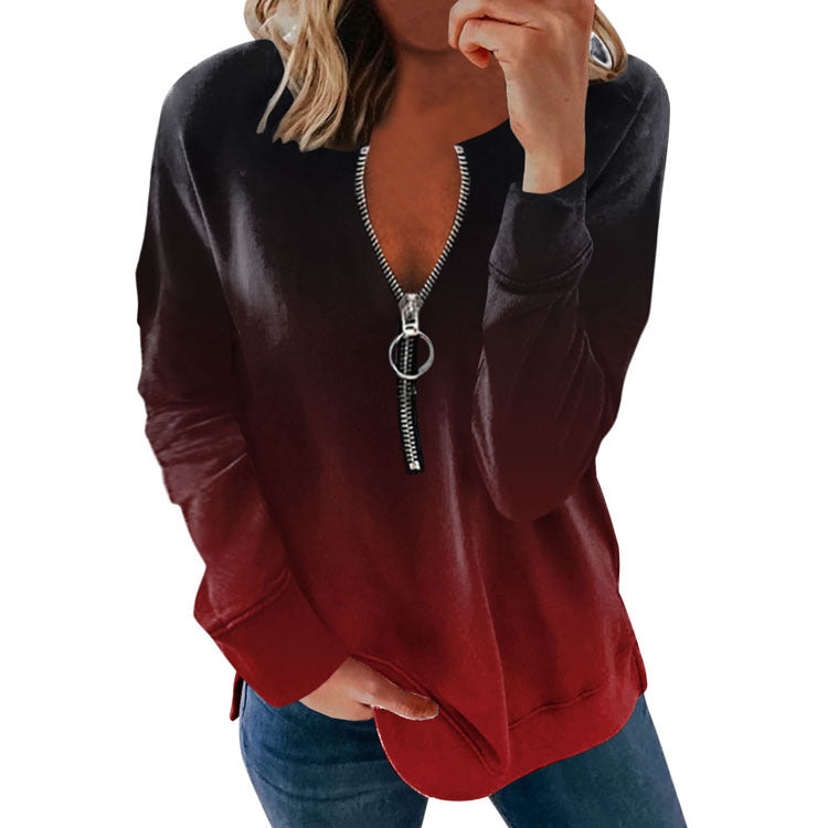 V-neck Long-sleeved Faded Flame Loose Zipper T-shirt - Amazhona 