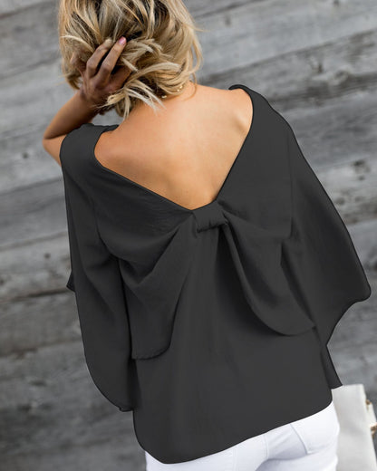 V-neck chiffon shirt with long sleeve bow - Amazhona 