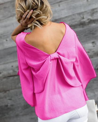 V-neck chiffon shirt with long sleeve bow - Amazhona 