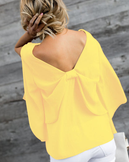 V-neck chiffon shirt with long sleeve bow - Amazhona 