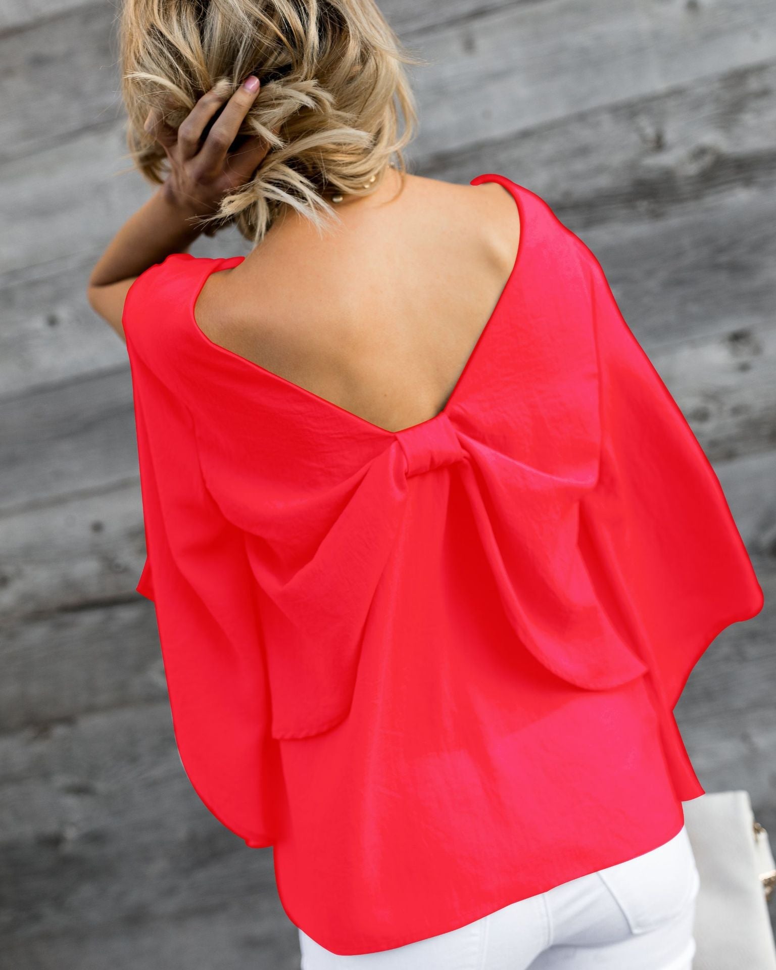 V-neck chiffon shirt with long sleeve bow - Amazhona 