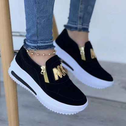 Vulcanized Shoes for Women Side Zipper Platform Tennis Female Sneakers Flat Shoes Solid Pu Leather Non Slip Shoe Chaussure Femme - Amazhona 