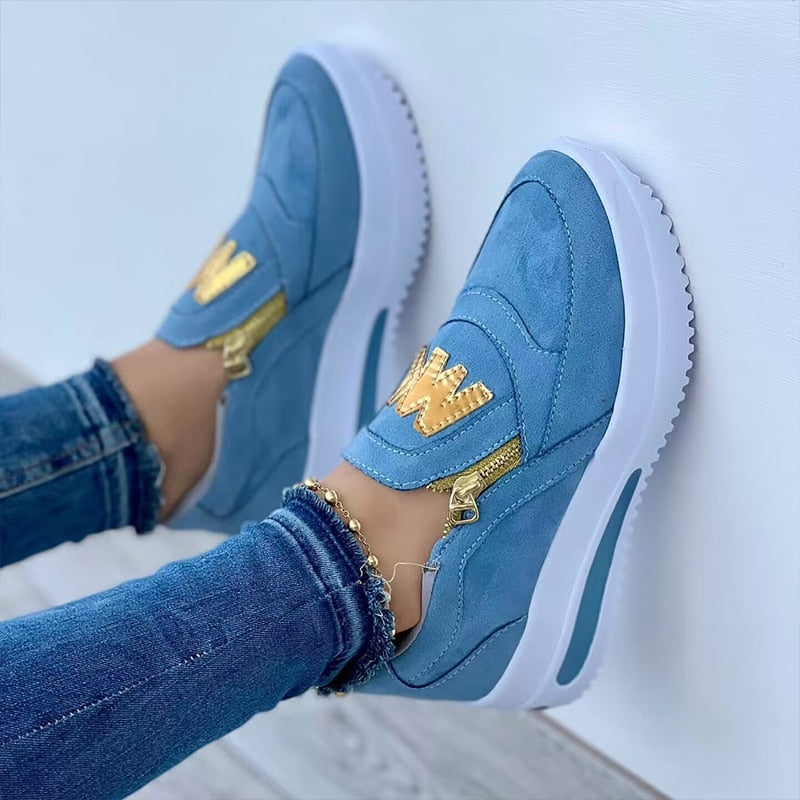 Vulcanized Shoes for Women Side Zipper Platform Tennis Female Sneakers Flat Shoes Solid Pu Leather Non Slip Shoe Chaussure Femme - Amazhona 