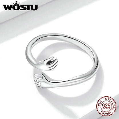 WOSTU 925 Sterling Silver Hug Hands Ring Simple Design Finger Ring For Women Elegant Silver Jewelry CTR176 - Amazhona 