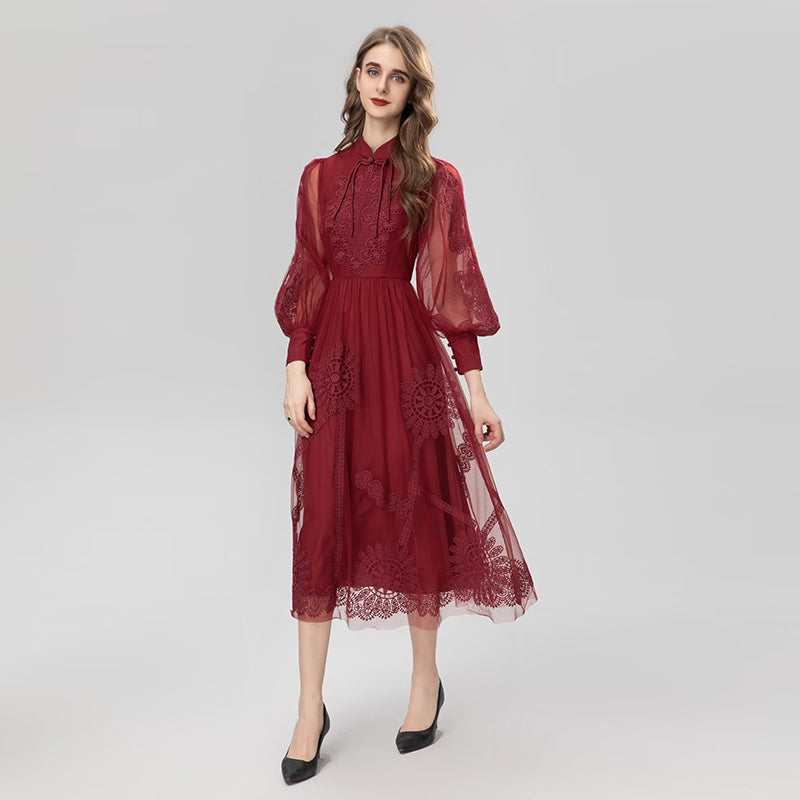 Waist Temperament Burgundy Dress Girl - Amazhona 