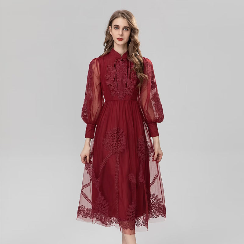 Waist Temperament Burgundy Dress Girl - Amazhona 