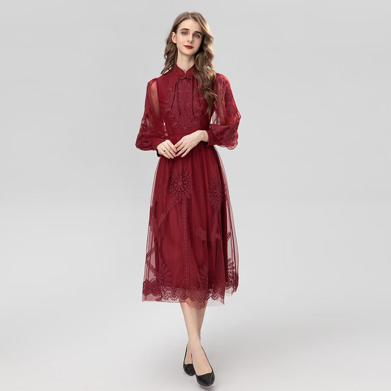 Waist Temperament Burgundy Dress Girl - Amazhona 