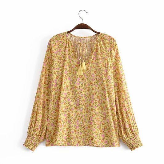 Water Print Long-sleeve Fringed Loose Shirt - Amazhona 