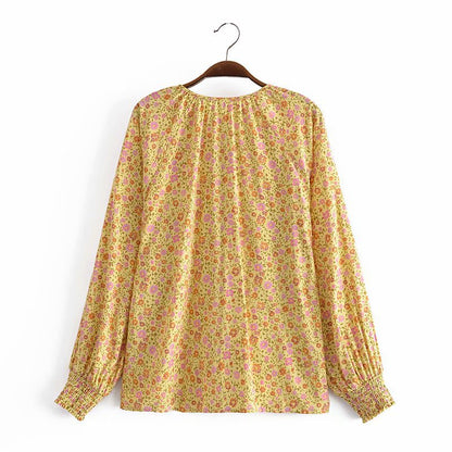 Water Print Long-sleeve Fringed Loose Shirt - Amazhona 