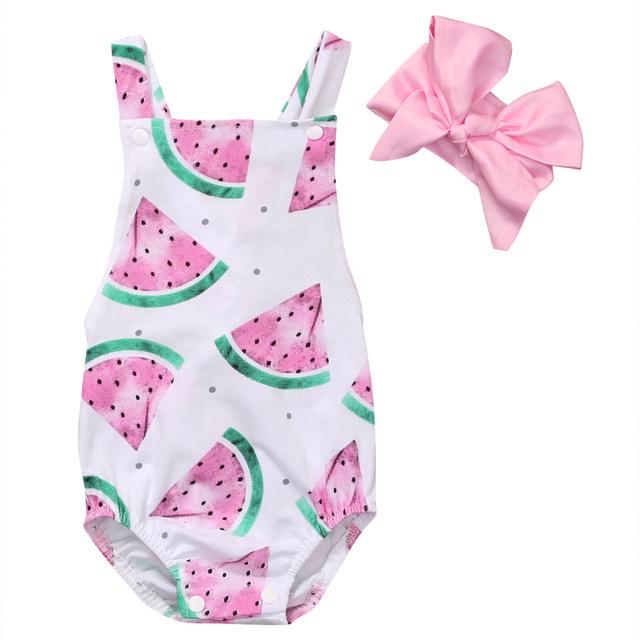 Watermelon Cross Strap  Backless Romper   Headband 2pc Set - Amazhona 