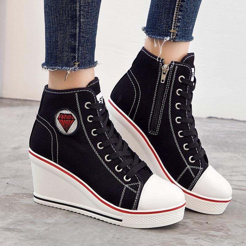 Wedge Heel Casual Side Zipper High-heel Lace-up Canvas Shoes - Amazhona 