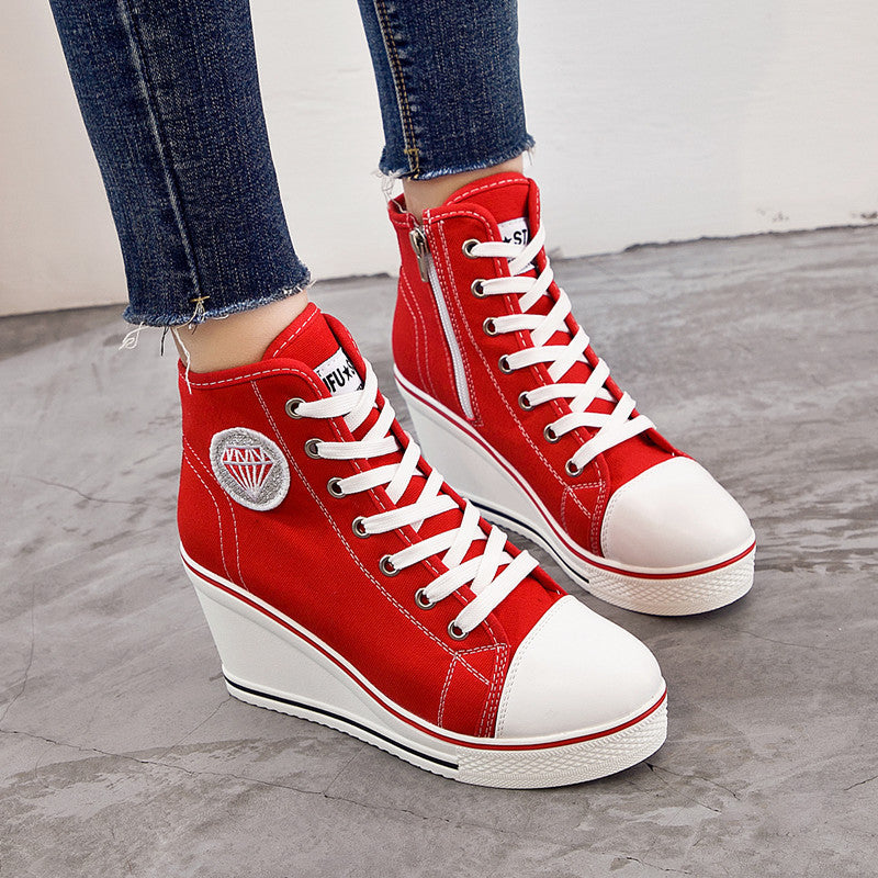 Wedge Heel Casual Side Zipper High-heel Lace-up Canvas Shoes - Amazhona 