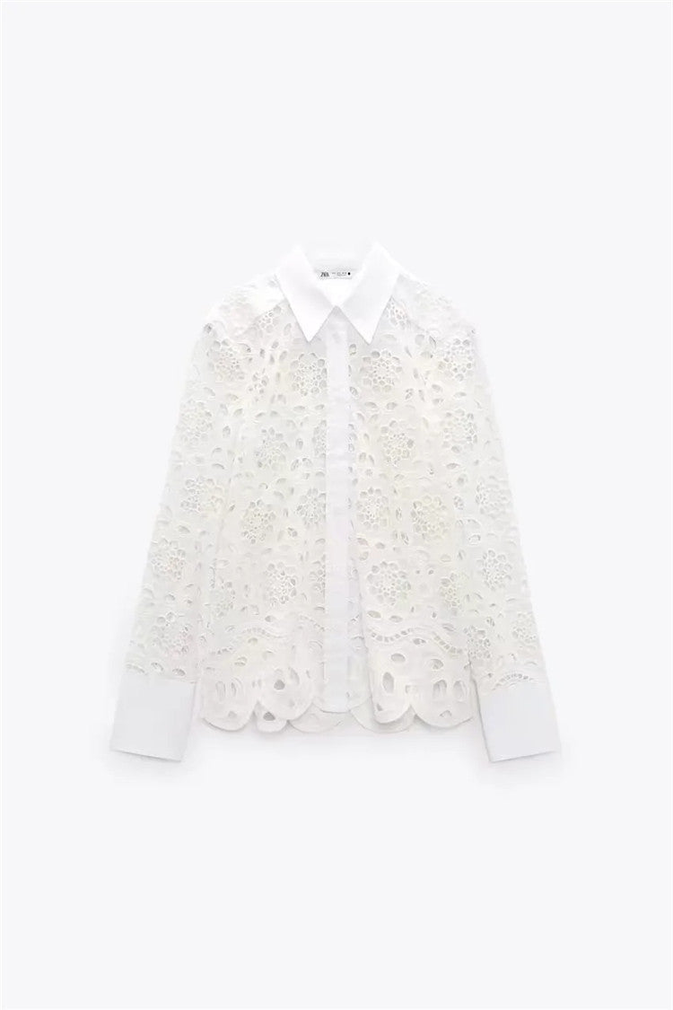 White Hollow Embroidered Long-sleeved Shirt Temperament And Fashion - Amazhona 