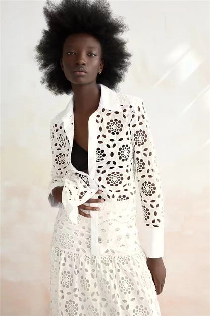 White Hollow Embroidered Long-sleeved Shirt Temperament And Fashion - Amazhona 