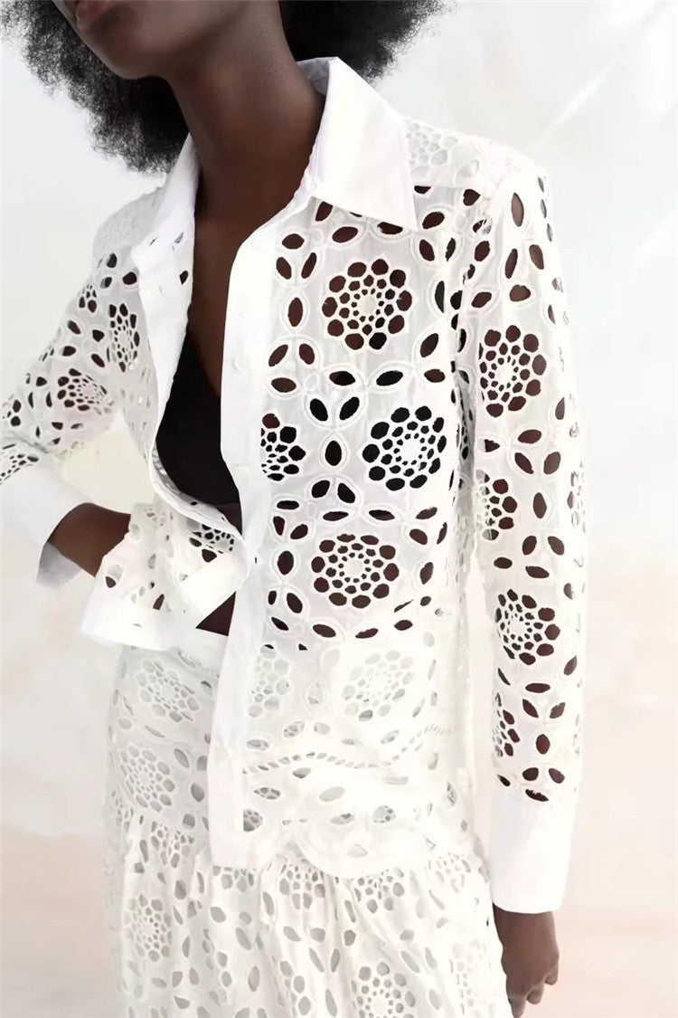 White Hollow Embroidered Long-sleeved Shirt Temperament And Fashion - Amazhona 