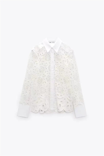 White Hollow Embroidered Long-sleeved Shirt Temperament And Fashion - Amazhona 