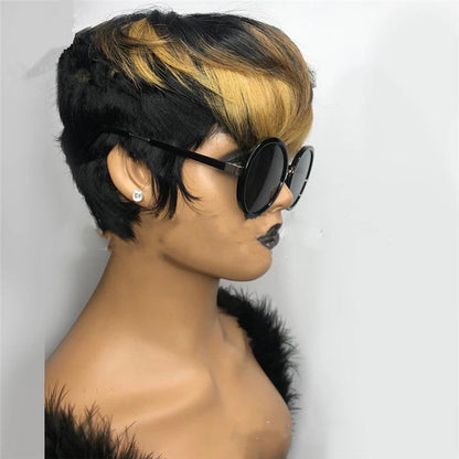 Wig Female Black Plus Golden Yellow Diagonal Bangs Short Hair Fluffy Short Straight Hair - Amazhona 