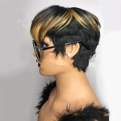 Wig Female Black Plus Golden Yellow Diagonal Bangs Short Hair Fluffy Short Straight Hair - Amazhona 