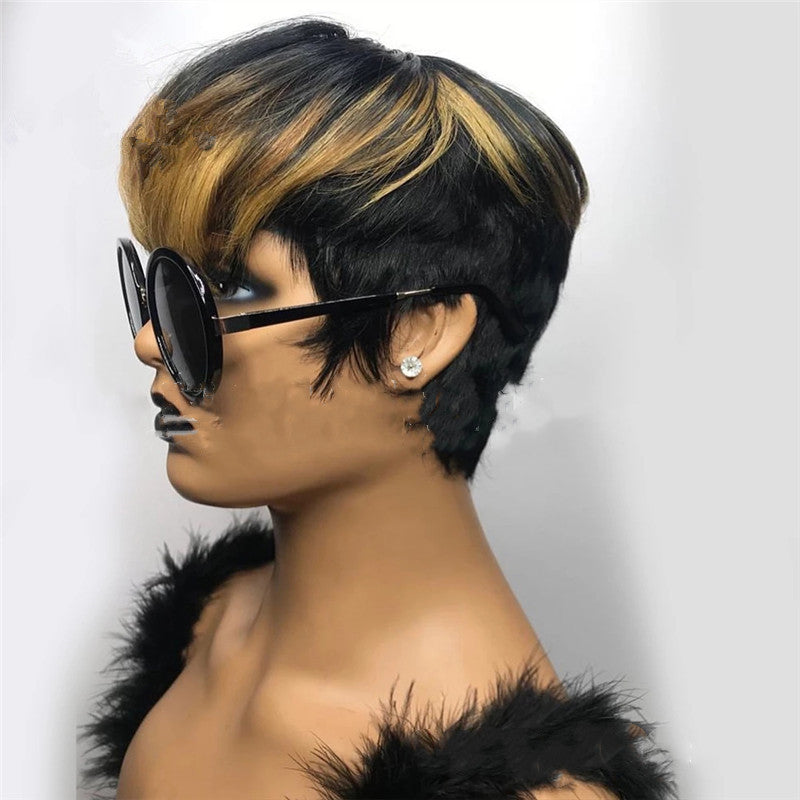 Wig Female Black Plus Golden Yellow Diagonal Bangs Short Hair Fluffy Short Straight Hair - Amazhona 