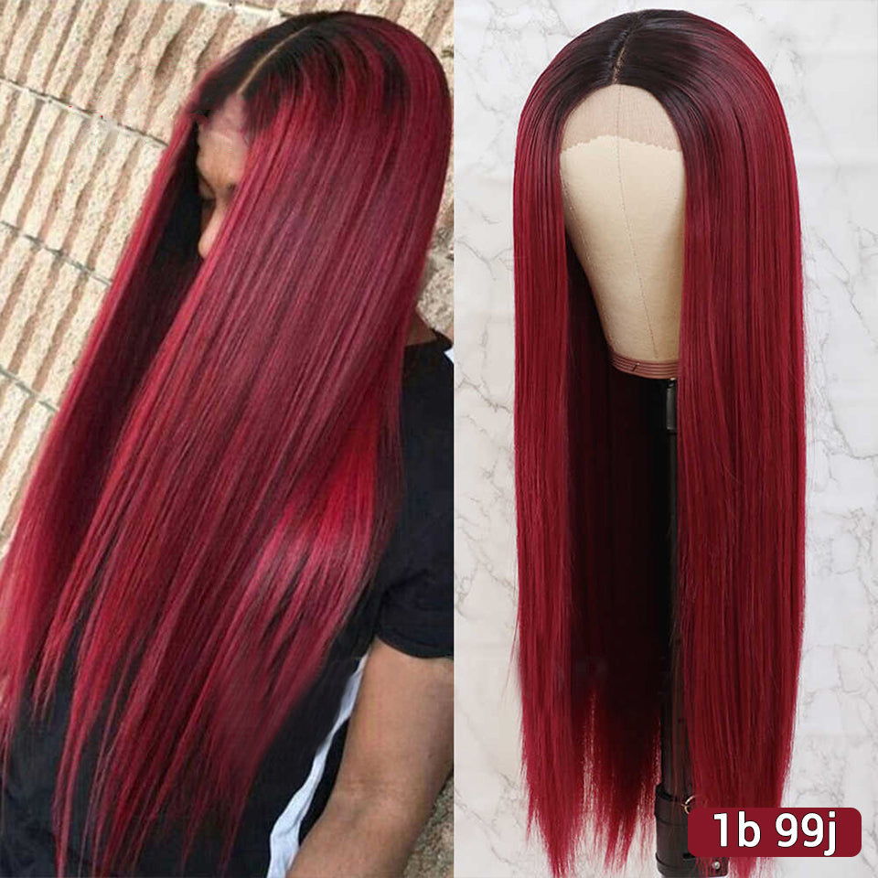 Wig Female Long Straight Hair Wine Red Europe and America - Amazhona 