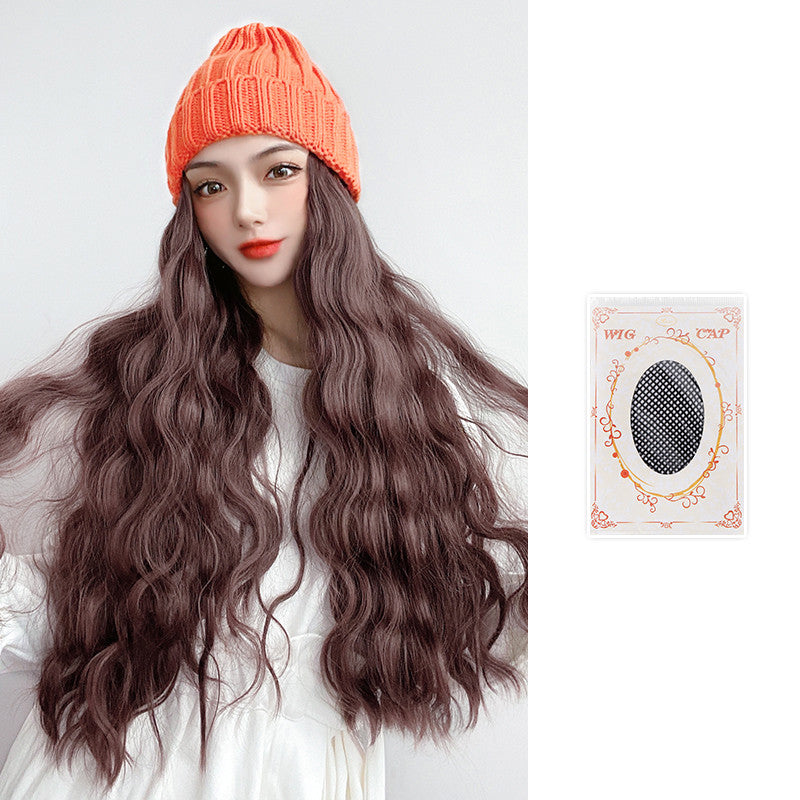 Wig Hat Integrated Knitting Wool Hat Long Curly Hair Water Ripple - Amazhona 