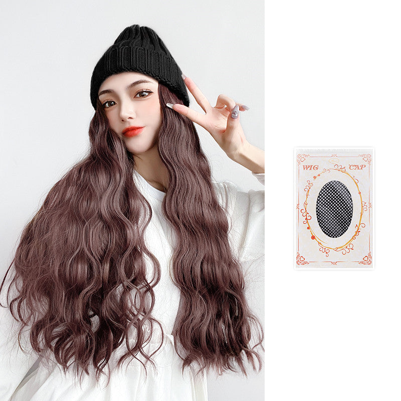 Wig Hat Integrated Knitting Wool Hat Long Curly Hair Water Ripple - Amazhona 