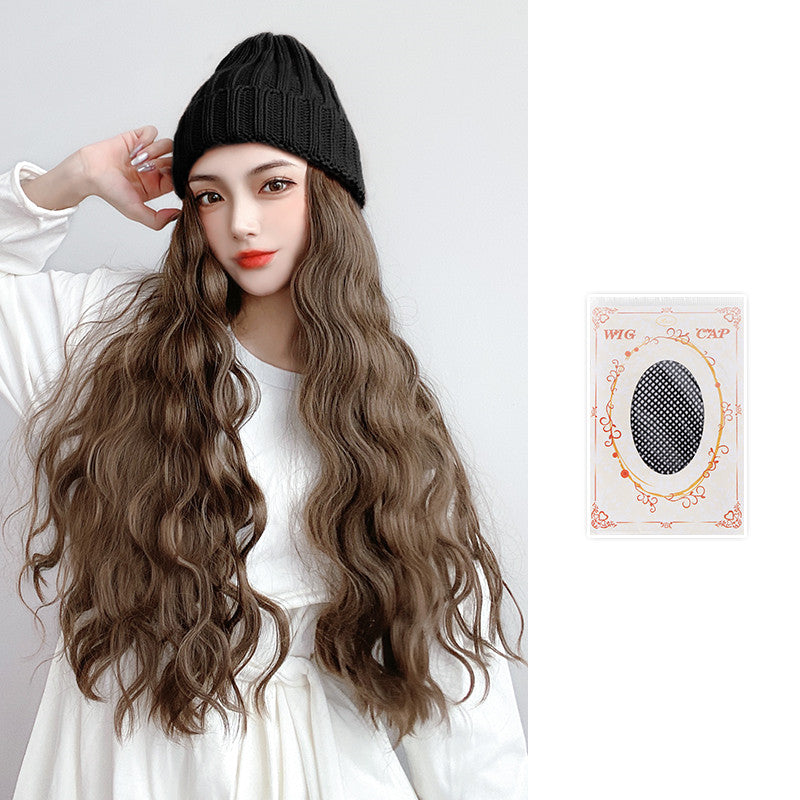 Wig Hat Integrated Knitting Wool Hat Long Curly Hair Water Ripple - Amazhona 