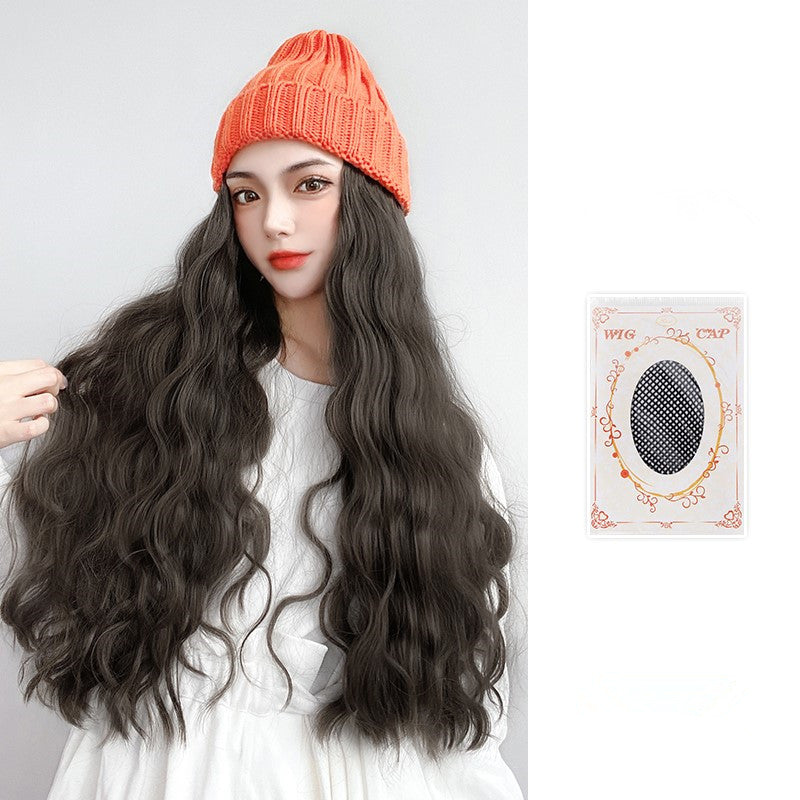 Wig Hat Integrated Knitting Wool Hat Long Curly Hair Water Ripple - Amazhona 