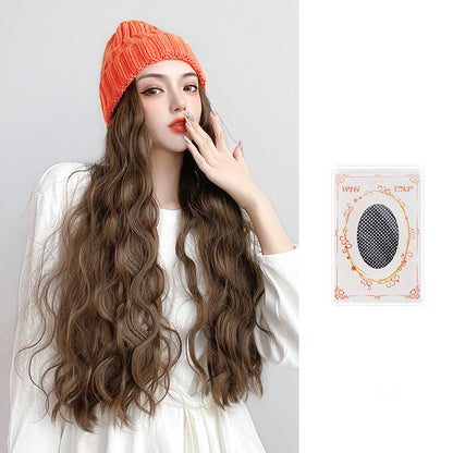 Wig Hat Integrated Knitting Wool Hat Long Curly Hair Water Ripple - Amazhona 