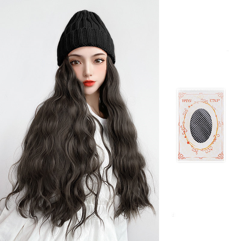 Wig Hat Integrated Knitting Wool Hat Long Curly Hair Water Ripple - Amazhona 