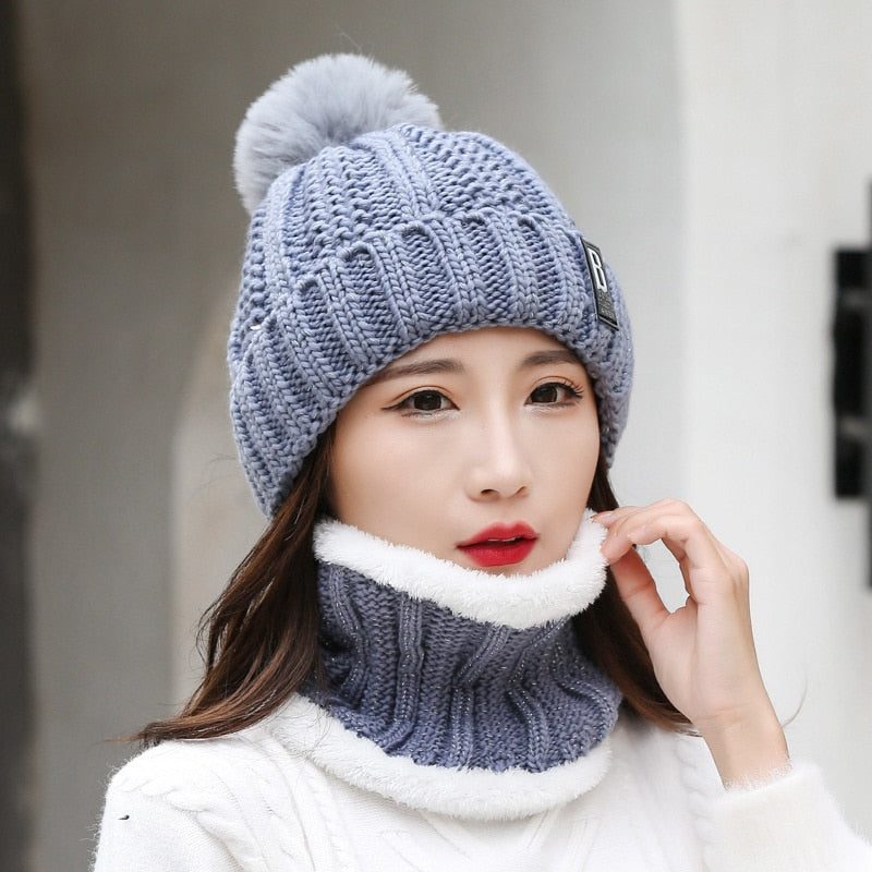 Winter Hat Womens Beanie Hats Thick Warm Skullies Winter Knitted Women Hat Letter Bonnet Beanie Cap Outdoor Riding Hat Scarf Set - Amazhona 