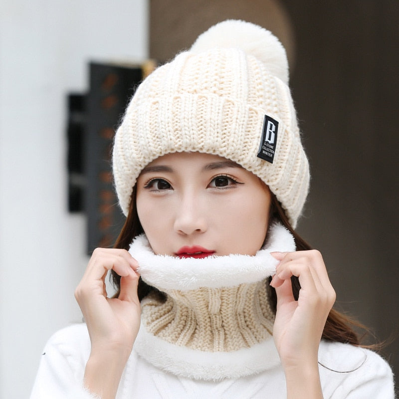 Winter Hat Womens Beanie Hats Thick Warm Skullies Winter Knitted Women Hat Letter Bonnet Beanie Cap Outdoor Riding Hat Scarf Set - Amazhona 