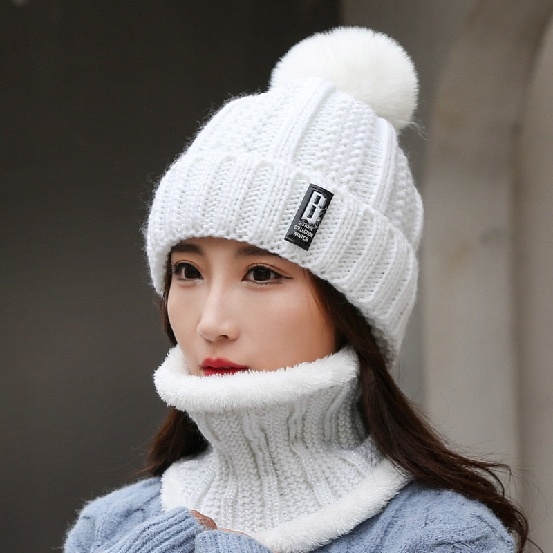 Winter Hat Womens Beanie Hats Thick Warm Skullies Winter Knitted Women Hat Letter Bonnet Beanie Cap Outdoor Riding Hat Scarf Set - Amazhona 