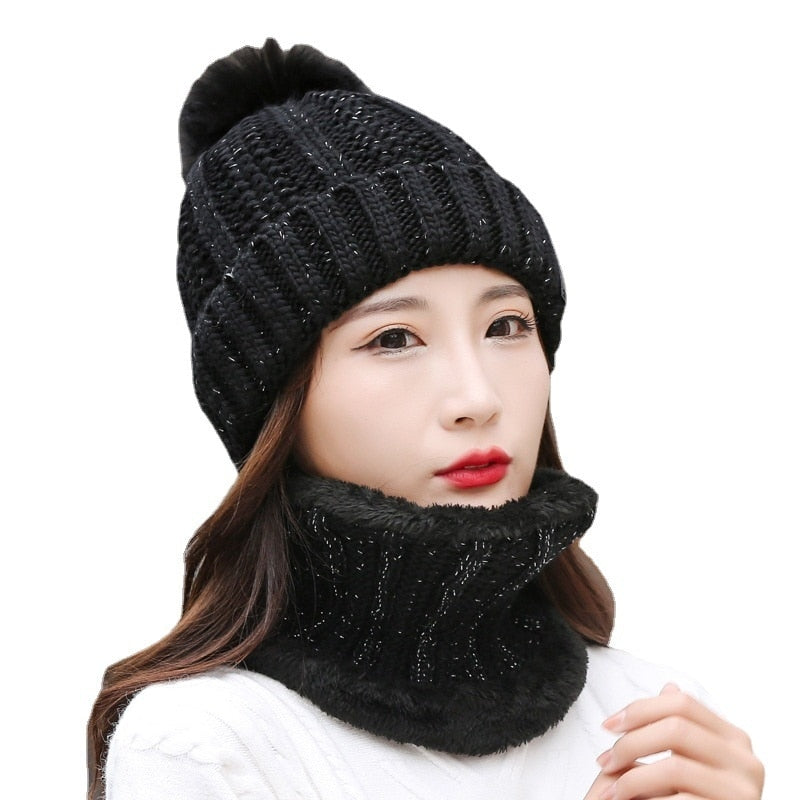 Winter Hat Womens Beanie Hats Thick Warm Skullies Winter Knitted Women Hat Letter Bonnet Beanie Cap Outdoor Riding Hat Scarf Set - Amazhona 