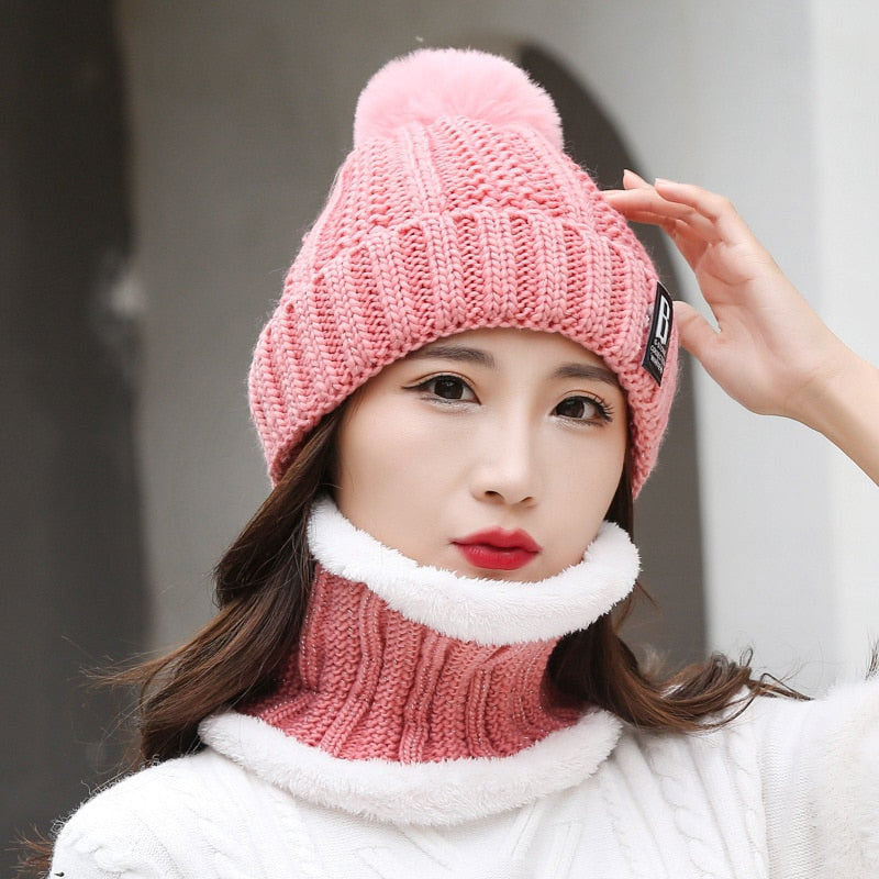 Winter Hat Womens Beanie Hats Thick Warm Skullies Winter Knitted Women Hat Letter Bonnet Beanie Cap Outdoor Riding Hat Scarf Set - Amazhona 