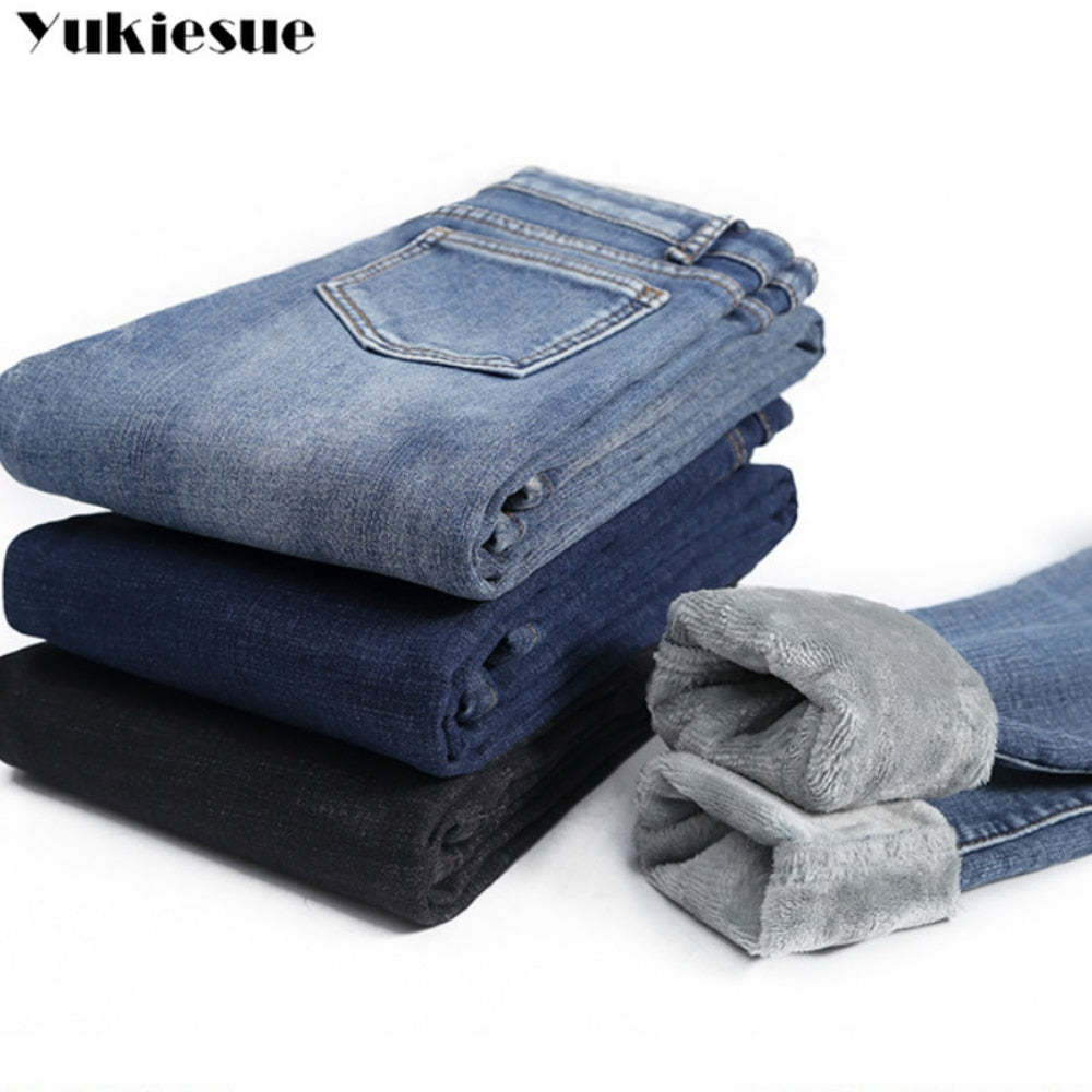 Winter Thick female Velvet Women High Waist Skinny Jeans Simple Fleece Warm Slim fit Stretch Ladies Casual Denim Pencil Pants - Amazhona 