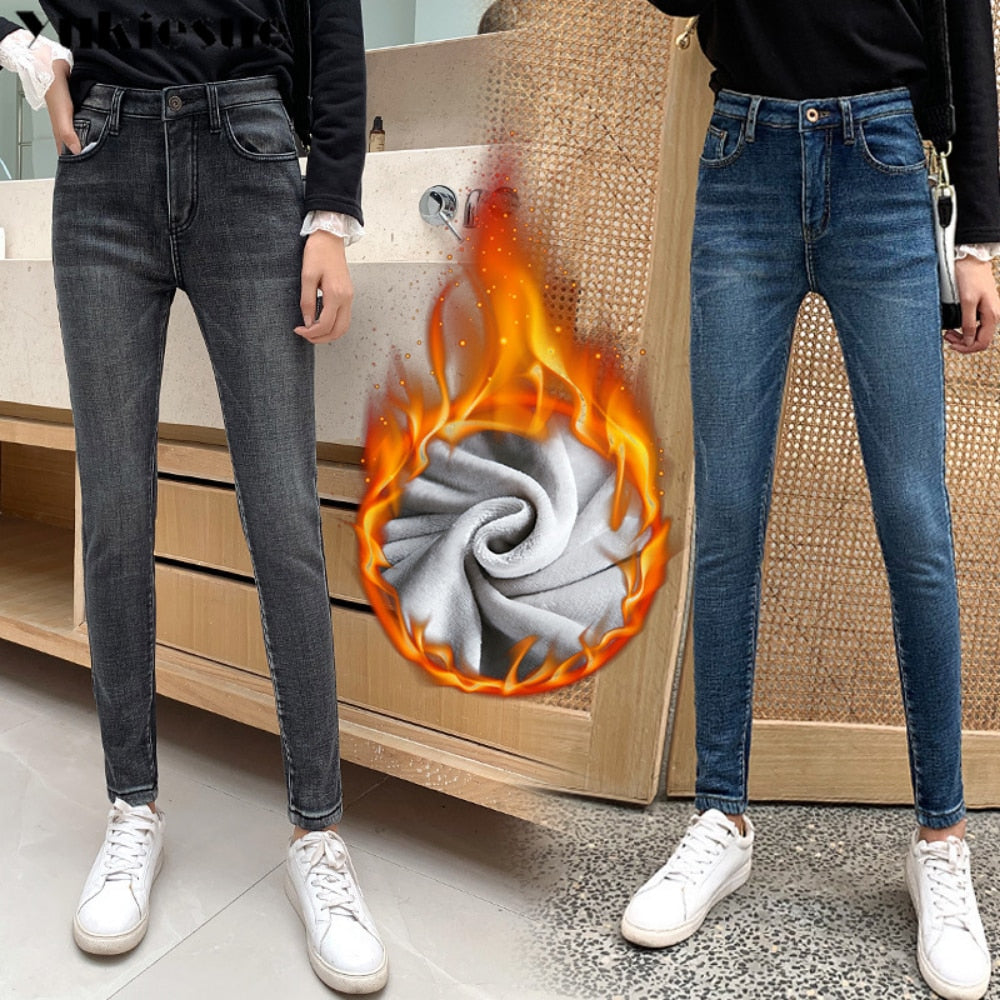 Winter Thick female Velvet Women High Waist Skinny Jeans Simple Fleece Warm Slim fit Stretch Ladies Casual Denim Pencil Pants - Amazhona 