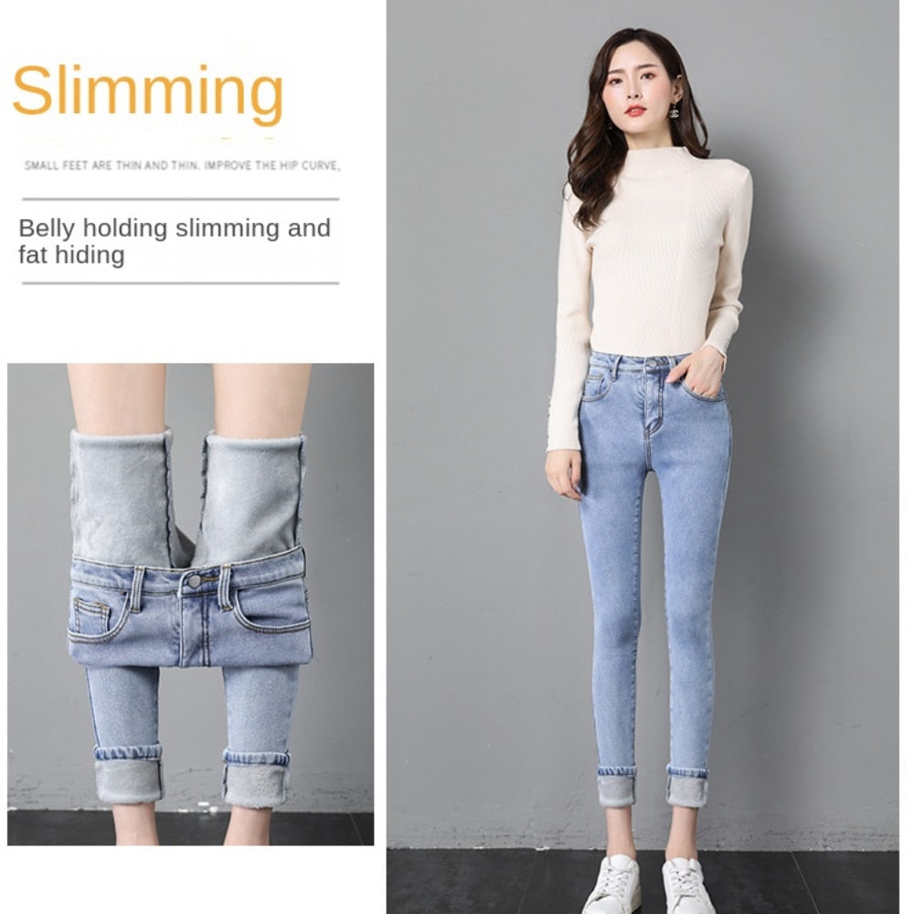 Winter Thick female Velvet Women High Waist Skinny Jeans Simple Fleece Warm Slim fit Stretch Ladies Casual Denim Pencil Pants - Amazhona 