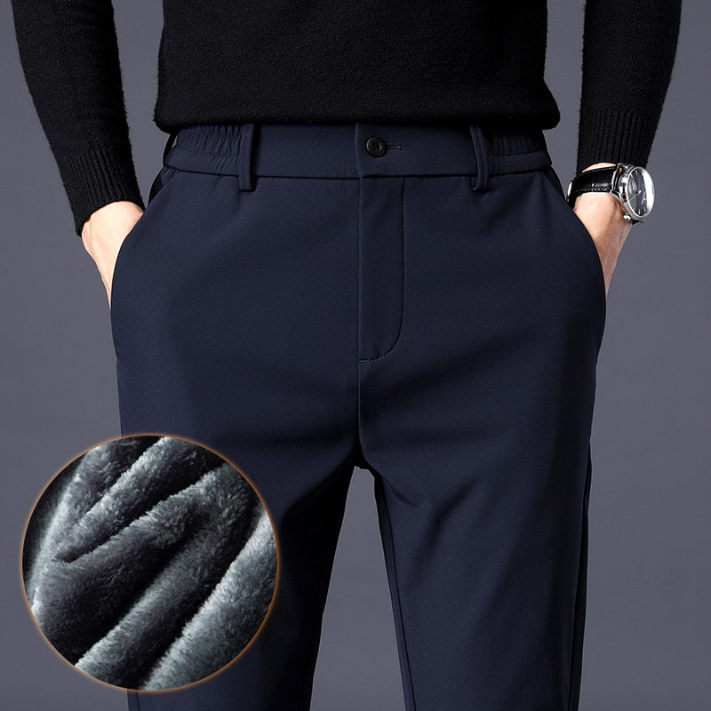 Winter Warm Men's Fleece Pants Thick Business Stretch Slim Fit Elastic Waist Jogger Korean Classic Black Gray Blue Trousers Male - Amazhona 