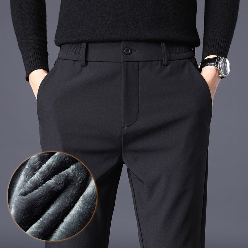 Winter Warm Men's Fleece Pants Thick Business Stretch Slim Fit Elastic Waist Jogger Korean Classic Black Gray Blue Trousers Male - Amazhona 