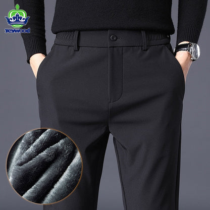 Winter Warm Men's Fleece Pants Thick Business Stretch Slim Fit Elastic Waist Jogger Korean Classic Black Gray Blue Trousers Male - Amazhona 