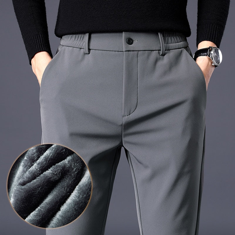 Winter Warm Men's Fleece Pants Thick Business Stretch Slim Fit Elastic Waist Jogger Korean Classic Black Gray Blue Trousers Male - Amazhona 