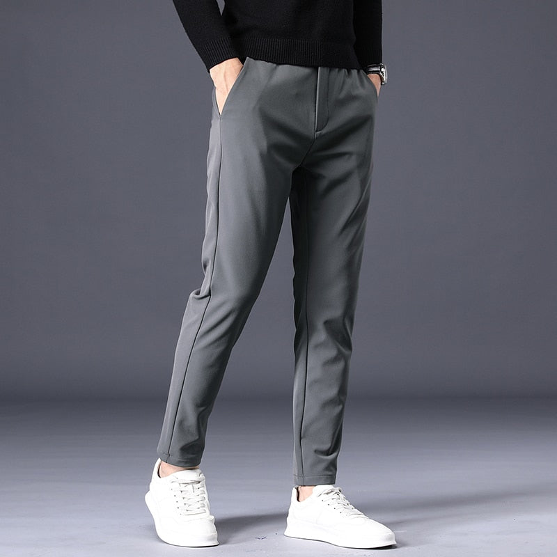 Winter Warm Men's Fleece Pants Thick Business Stretch Slim Fit Elastic Waist Jogger Korean Classic Black Gray Blue Trousers Male - Amazhona 