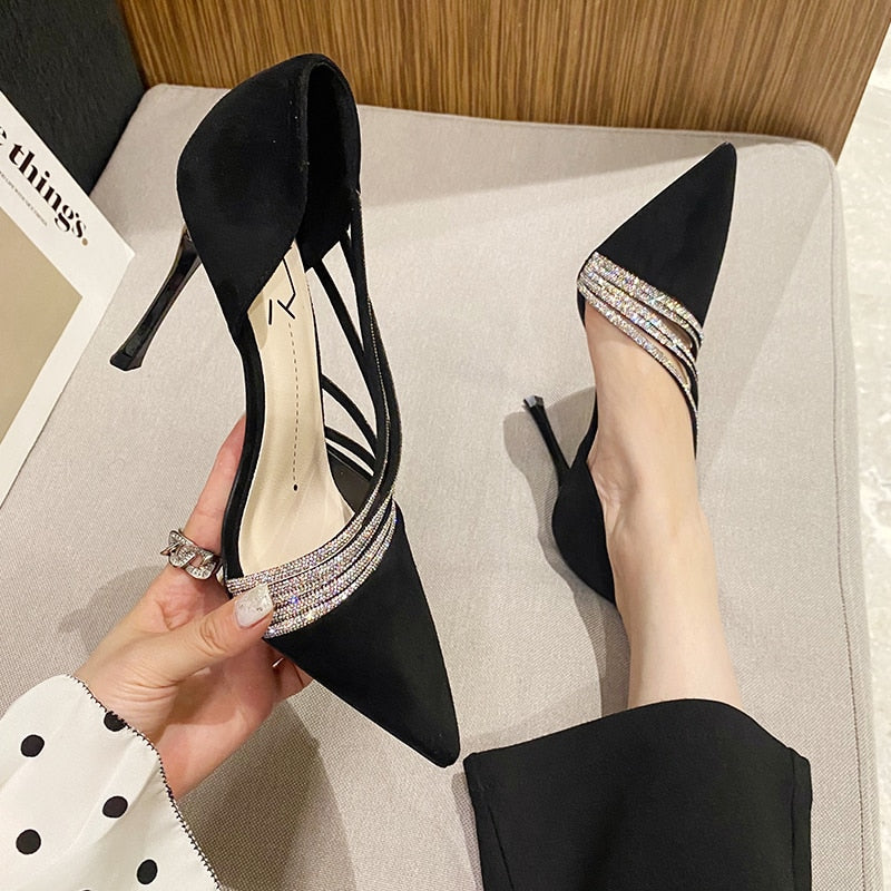 Women 2022 New Autumn Pumps Evening Party High Heels Ladies Pointed Toe Nude Leather Black Suede Gold Patent Leather Strappy - Amazhona 