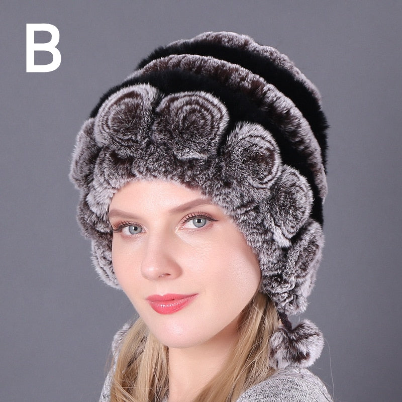 Women Fur Hat For Winter Natural Rex Rabbit Cap Russian Female Fur Headgear Outdoor ear Warm Flowers Earmuff Beanies Caps - Amazhona 