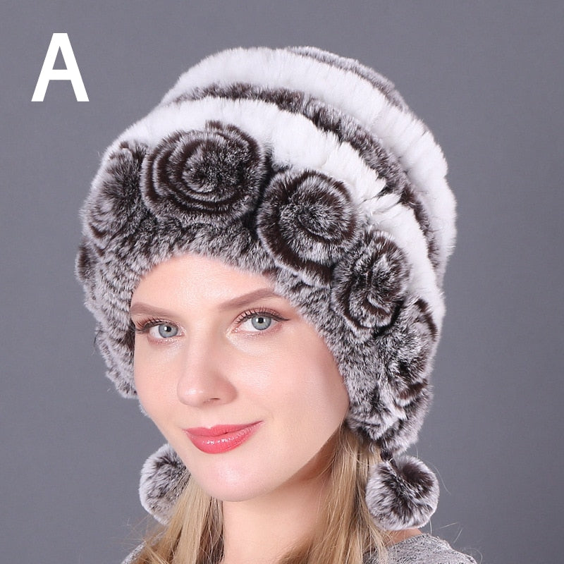 Women Fur Hat For Winter Natural Rex Rabbit Cap Russian Female Fur Headgear Outdoor ear Warm Flowers Earmuff Beanies Caps - Amazhona 