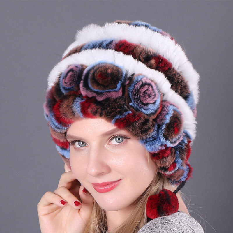 Women Fur Hat For Winter Natural Rex Rabbit Cap Russian Female Fur Headgear Outdoor ear Warm Flowers Earmuff Beanies Caps - Amazhona 