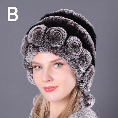 Women Fur Hat For Winter Natural Rex Rabbit Cap Russian Female Fur Headgear Outdoor ear Warm Flowers Earmuff Beanies Caps - Amazhona 